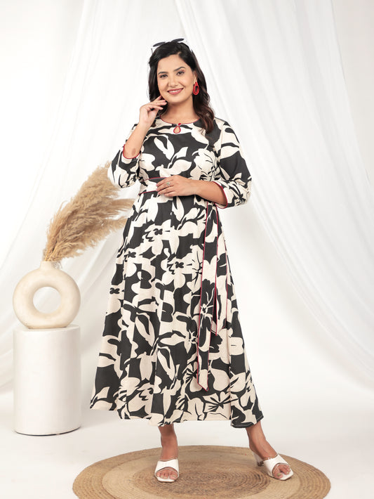 Embroidered Natural Cotton Floral Anarkali Black Kurta