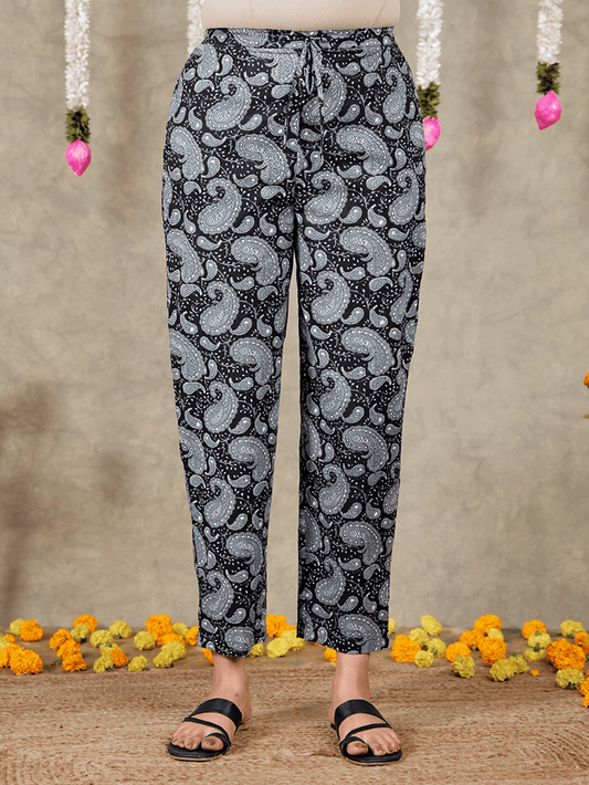 Soft Cotton Paisley Black Tapered Trousers