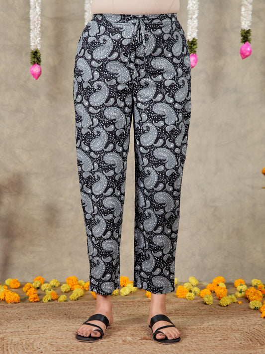 Soft Cotton Paisley Black Tapered Trousers
