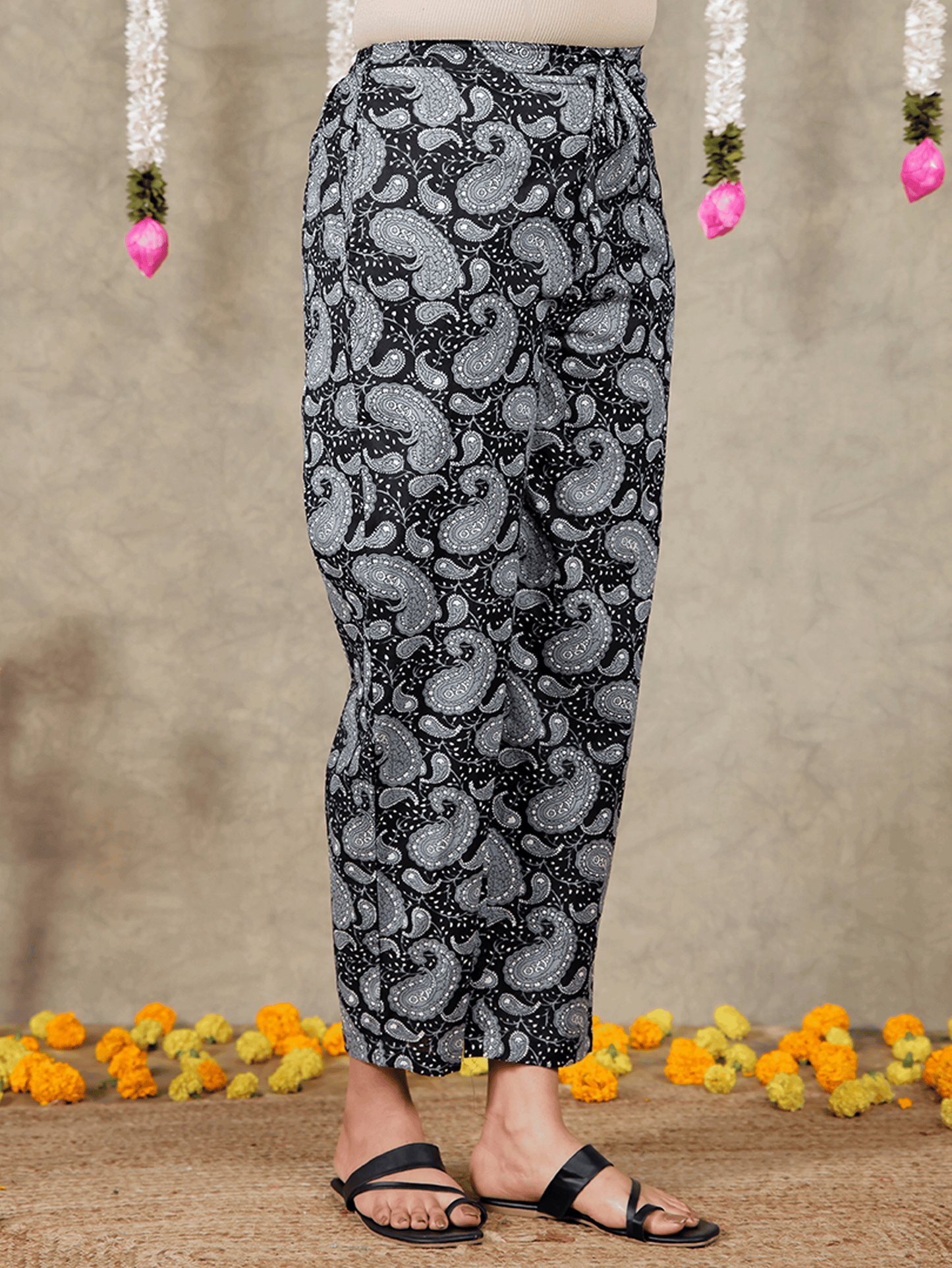 Soft Cotton Paisley Black Tapered Trousers