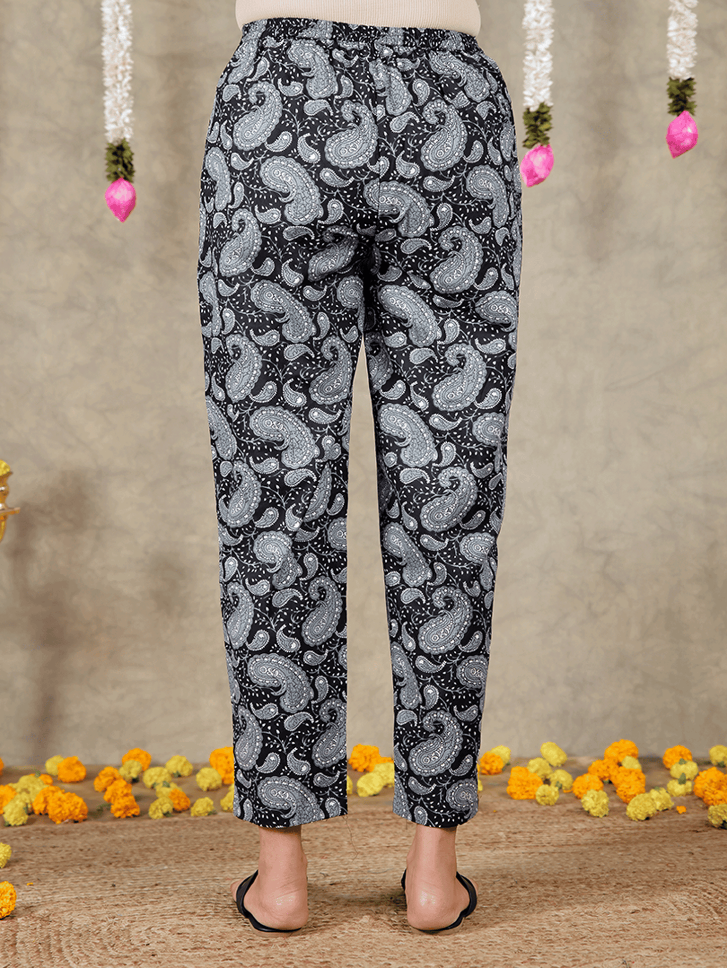 Soft Cotton Paisley Black Tapered Trousers
