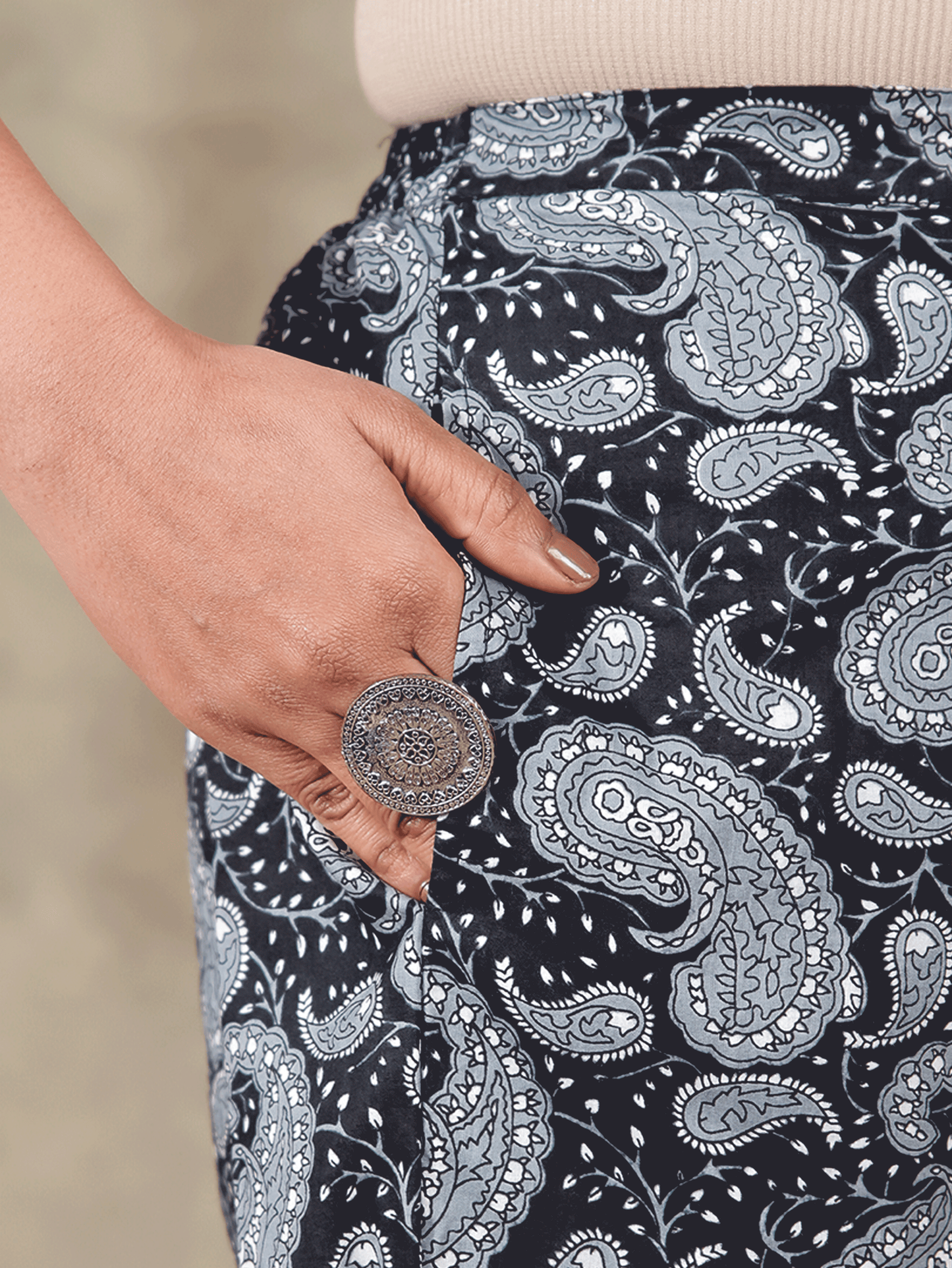 Soft Cotton Paisley Black Tapered Trousers