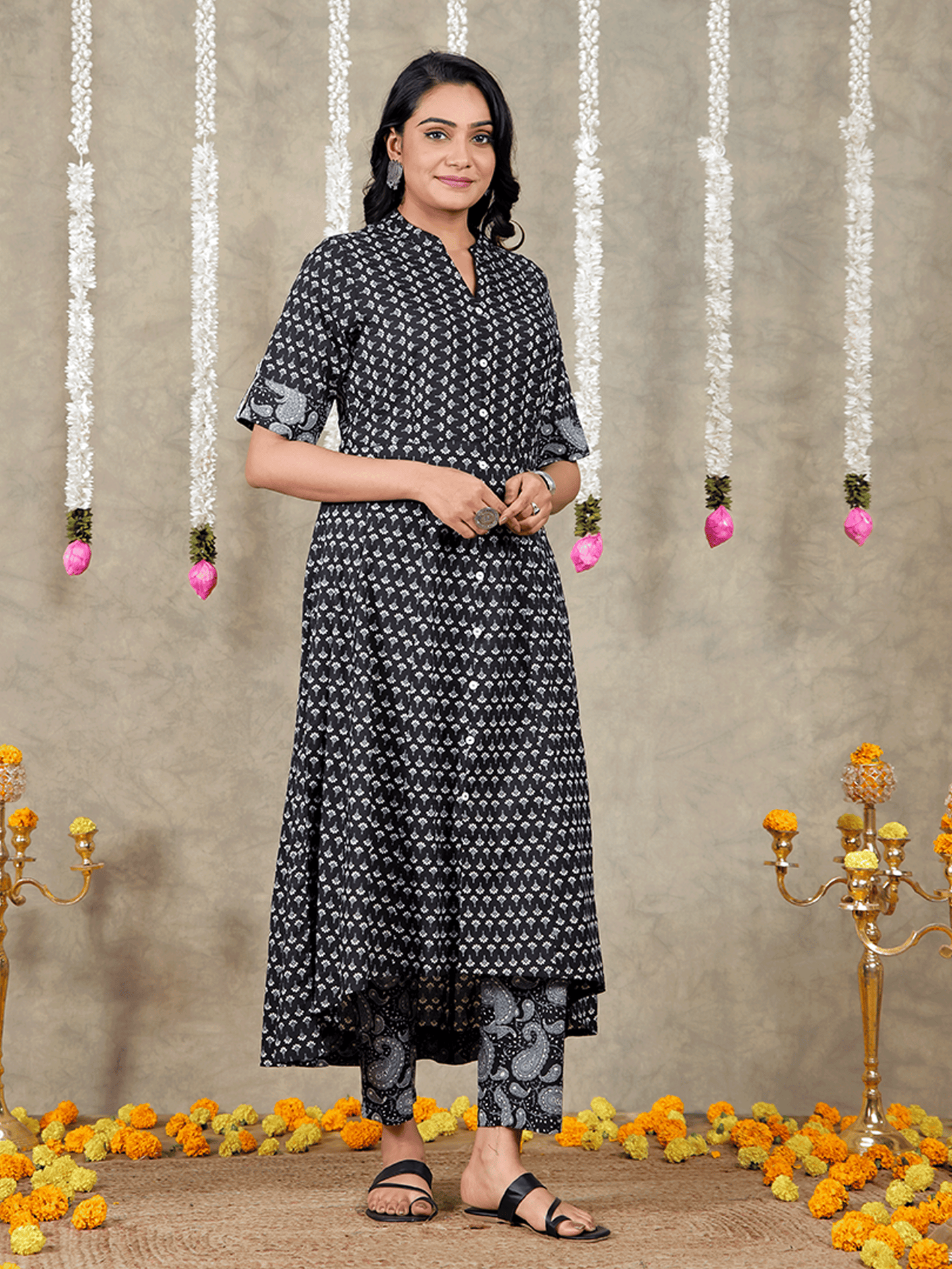 Soft Cotton Butti High Low Black Kurta