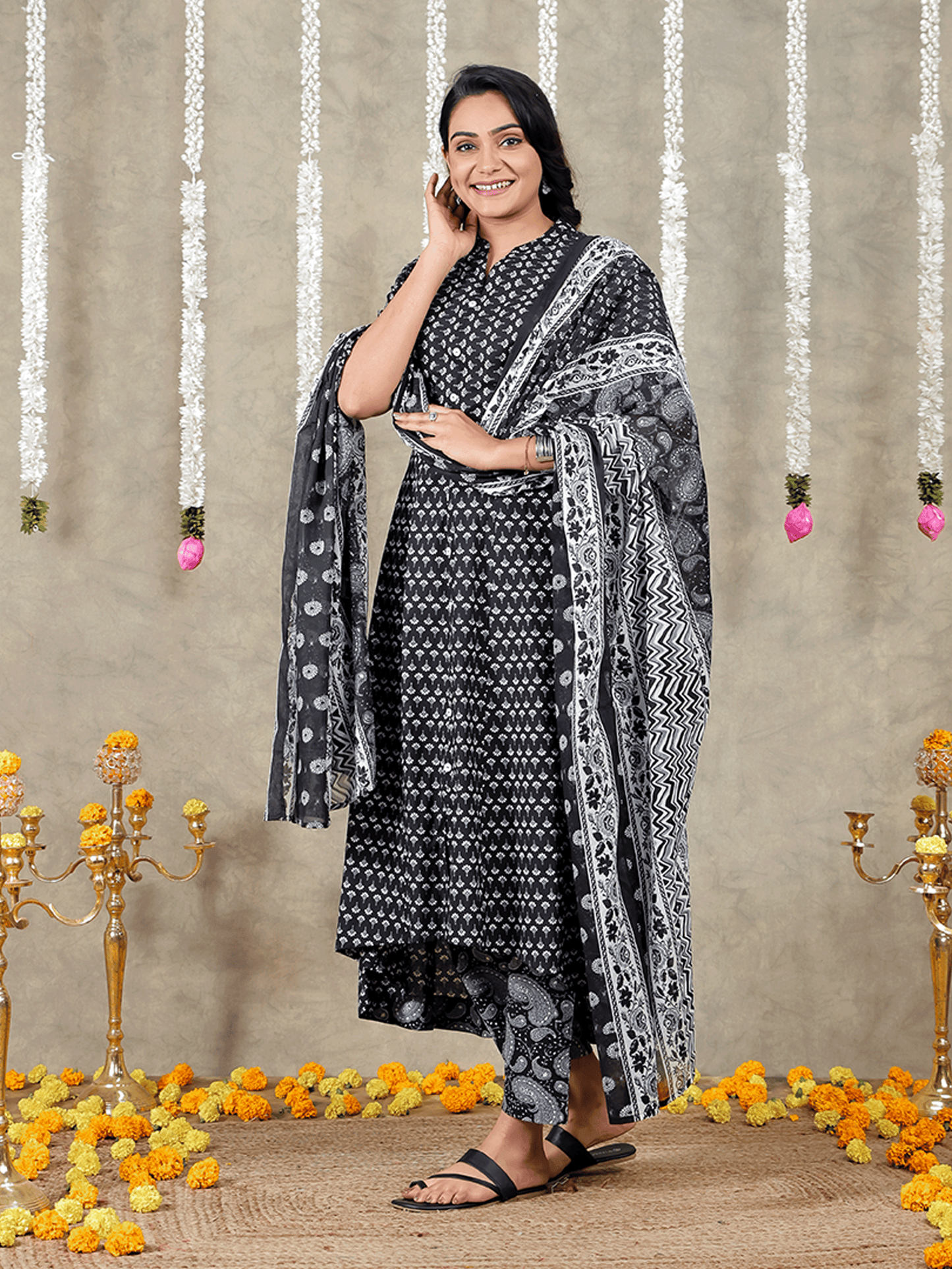 Soft Cotton Butti High Low Black Kurta