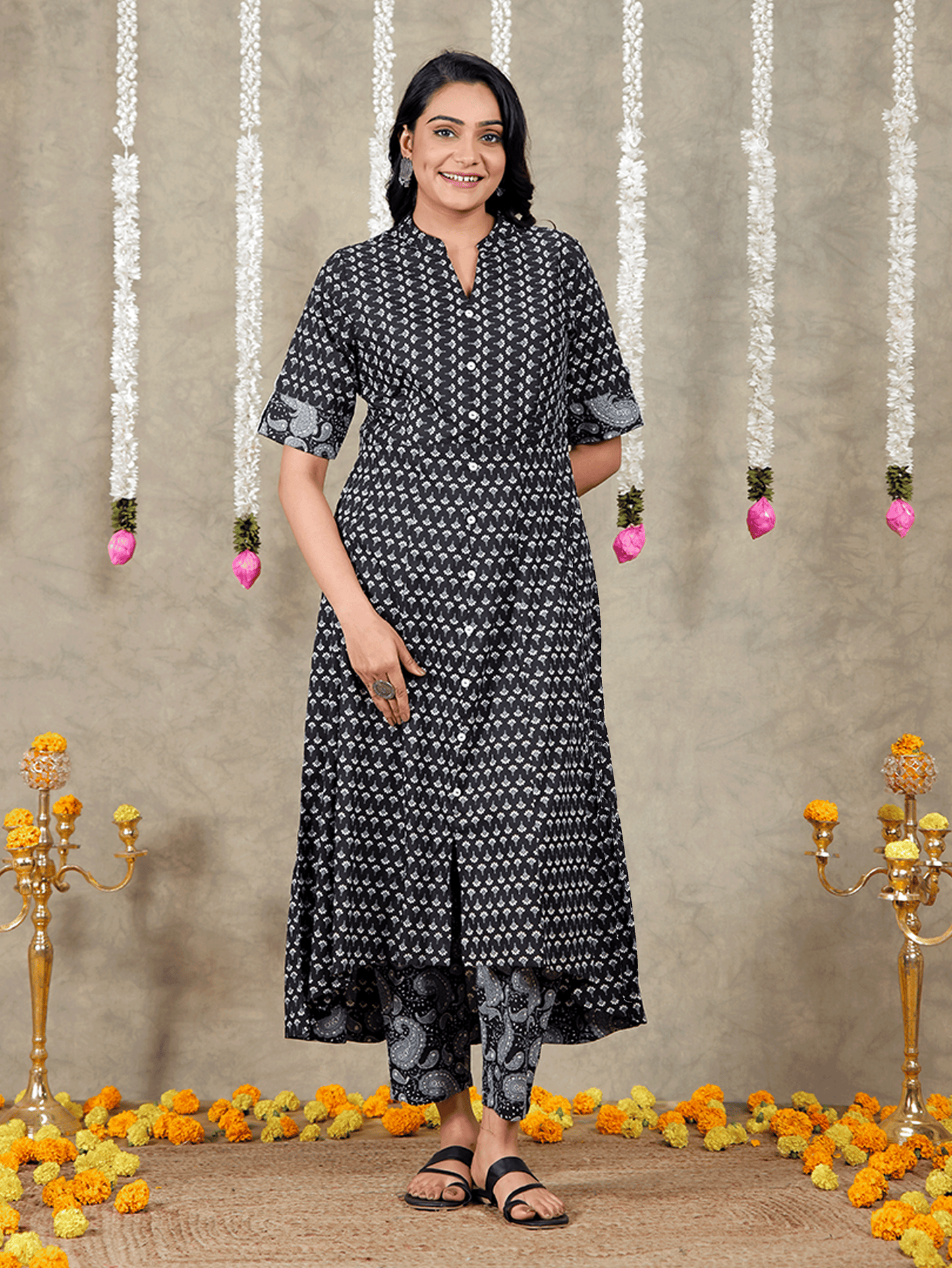 Soft Cotton Butti High Low Black Kurta