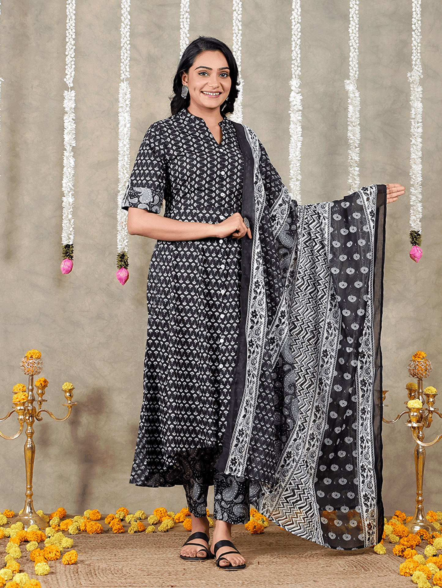 Soft Cotton Butti High Low Black Kurta