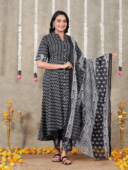 Soft Cotton Butti High Low Black Kurta