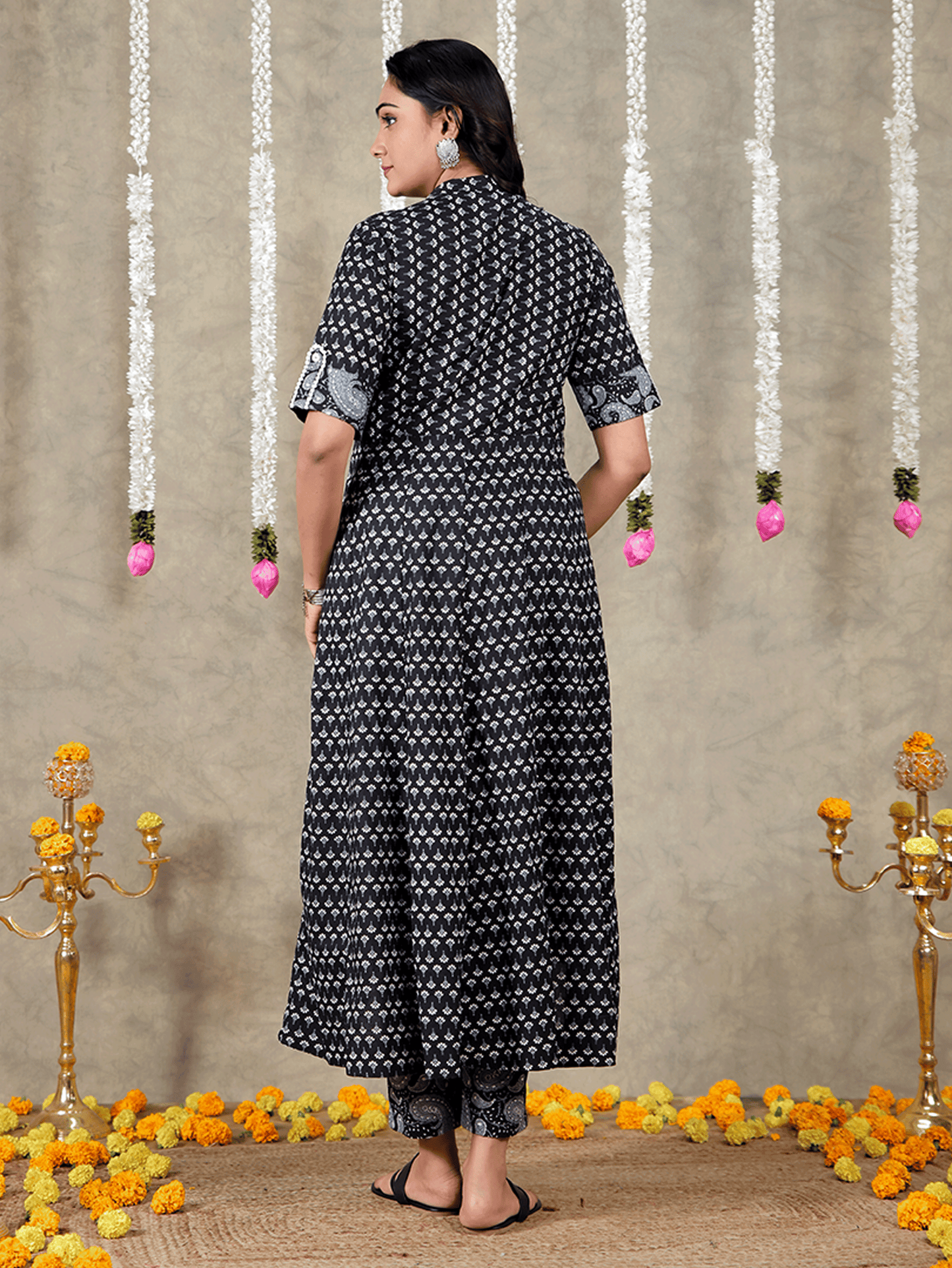 Soft Cotton Butti High Low Black Kurta