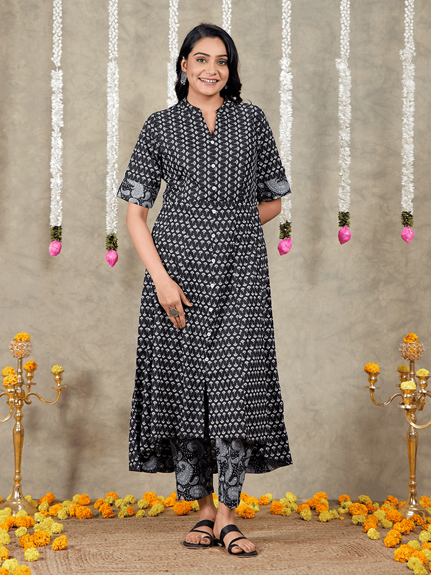 Soft Cotton Butti High Low Black Kurta