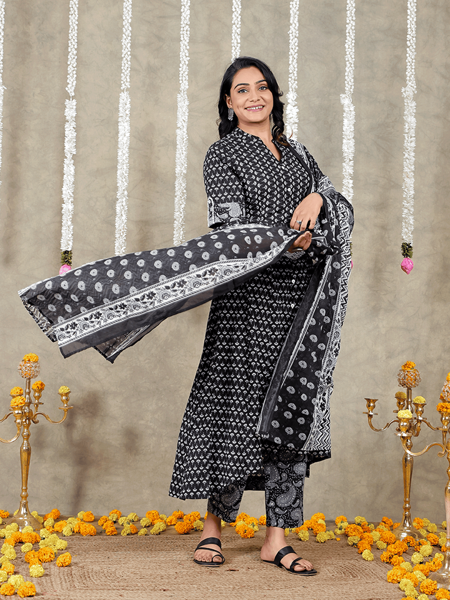 Soft Cotton Butti High Low Black Kurta
