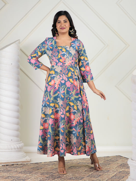 Cotton Blend Floral Flared Multicolor Dress