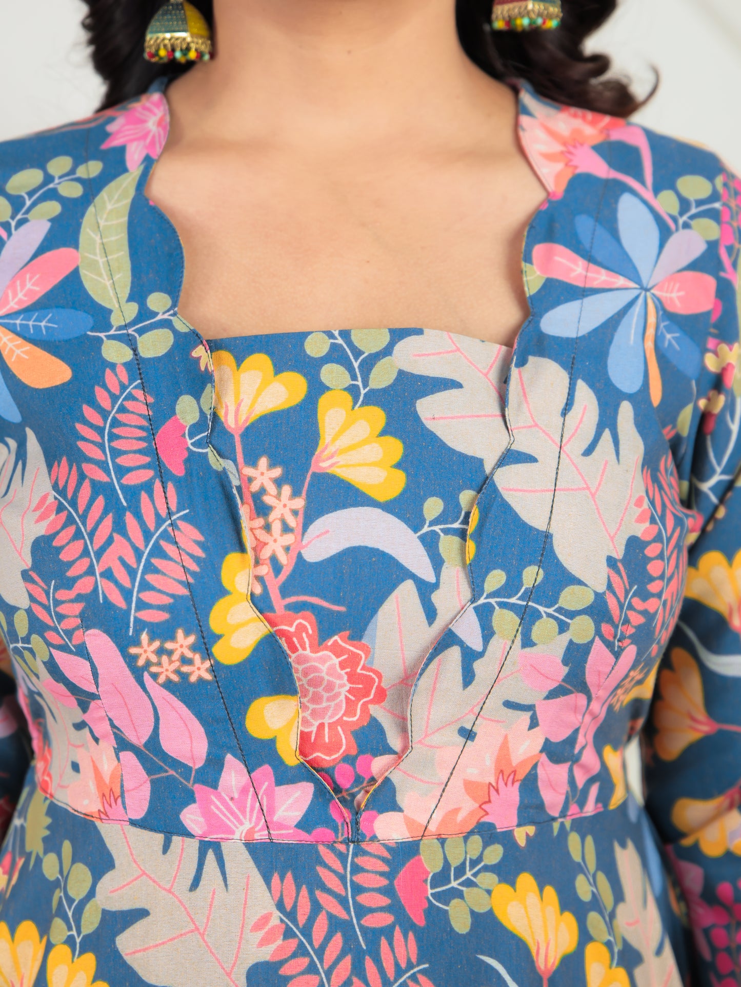 Cotton Blend Floral Flared Multicolor Dress
