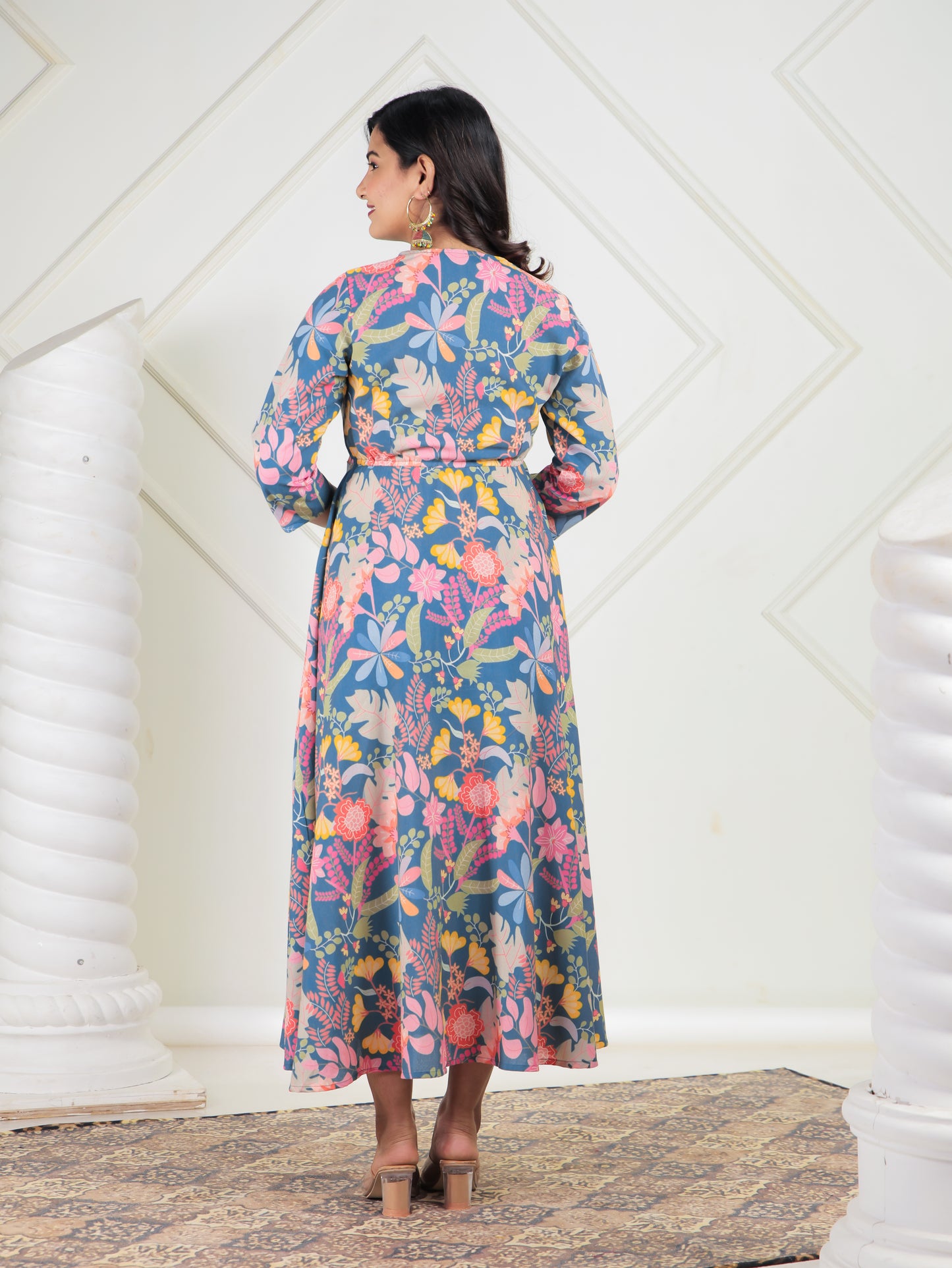 Cotton Blend Floral Flared Multicolor Dress