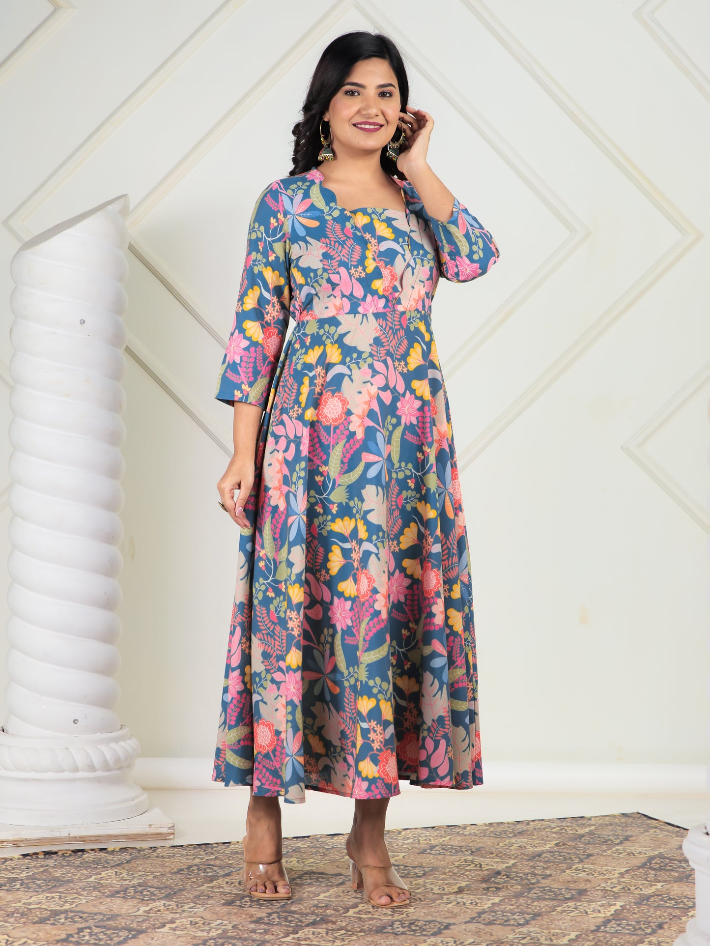 Cotton Blend Floral Flared Multicolor Dress