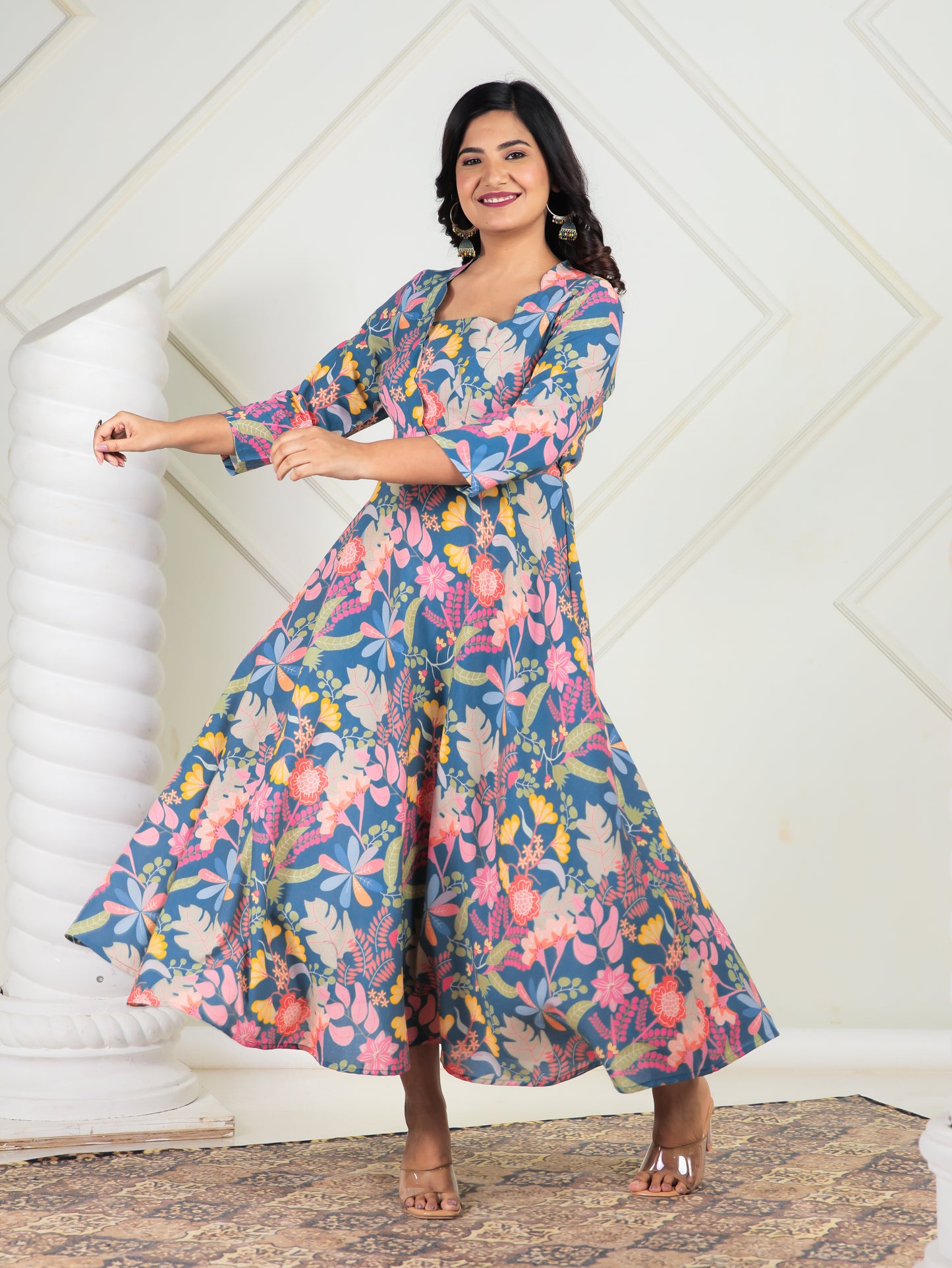 Cotton Blend Floral Flared Multicolor Dress