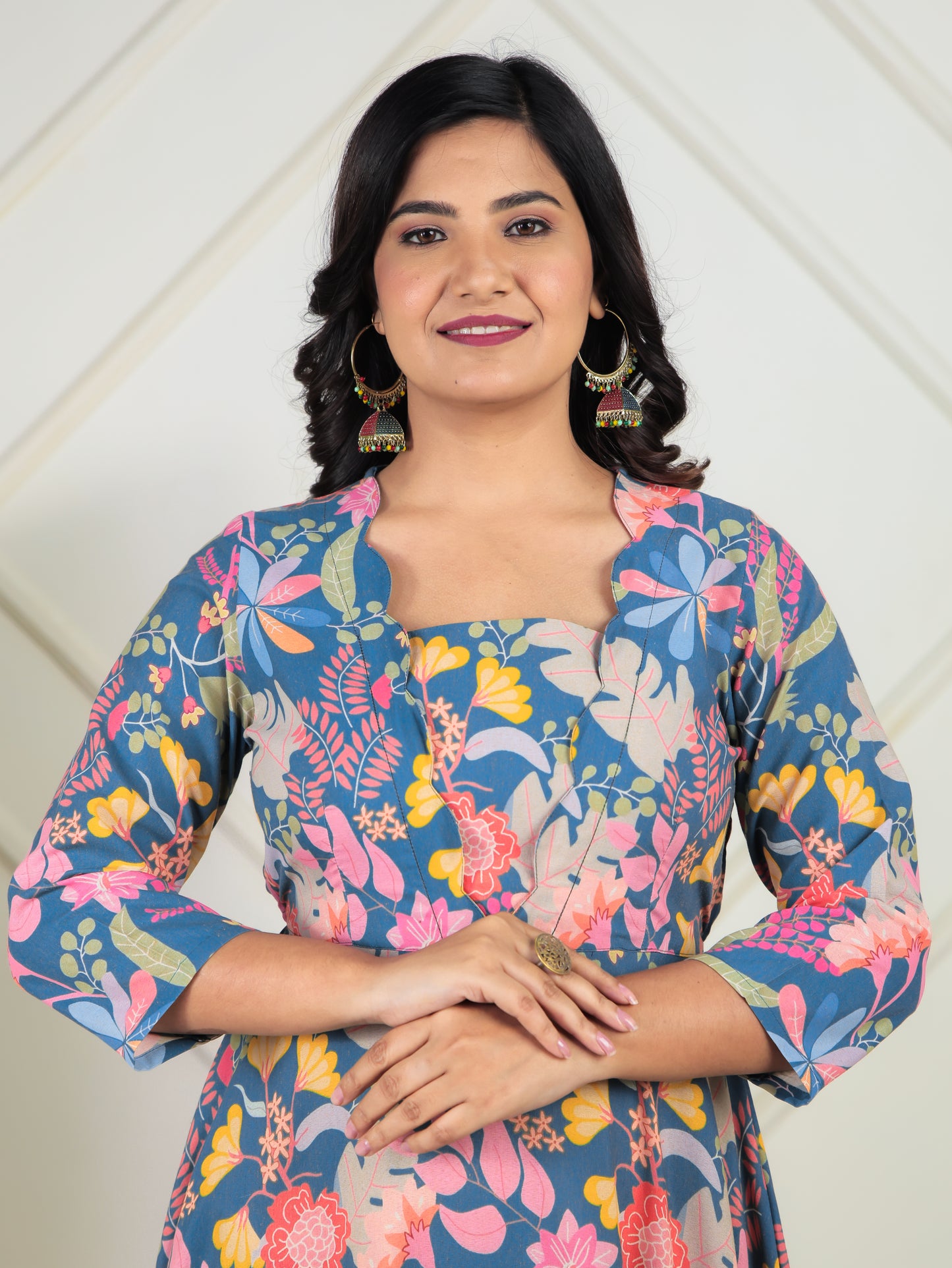Cotton Blend Floral Flared Multicolor Dress