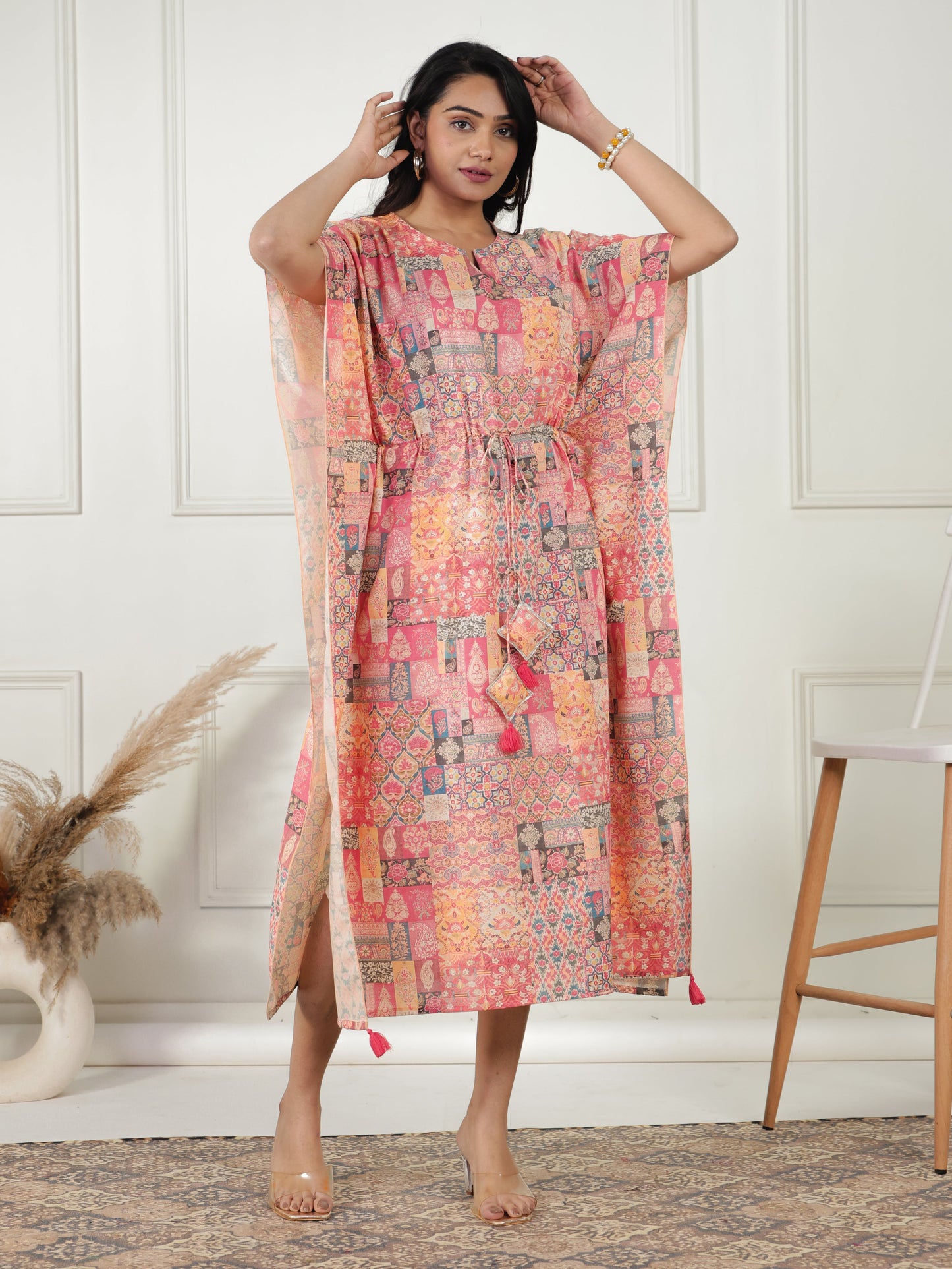 Blend Cotton Patchwork Kaftan Multicolor Dress