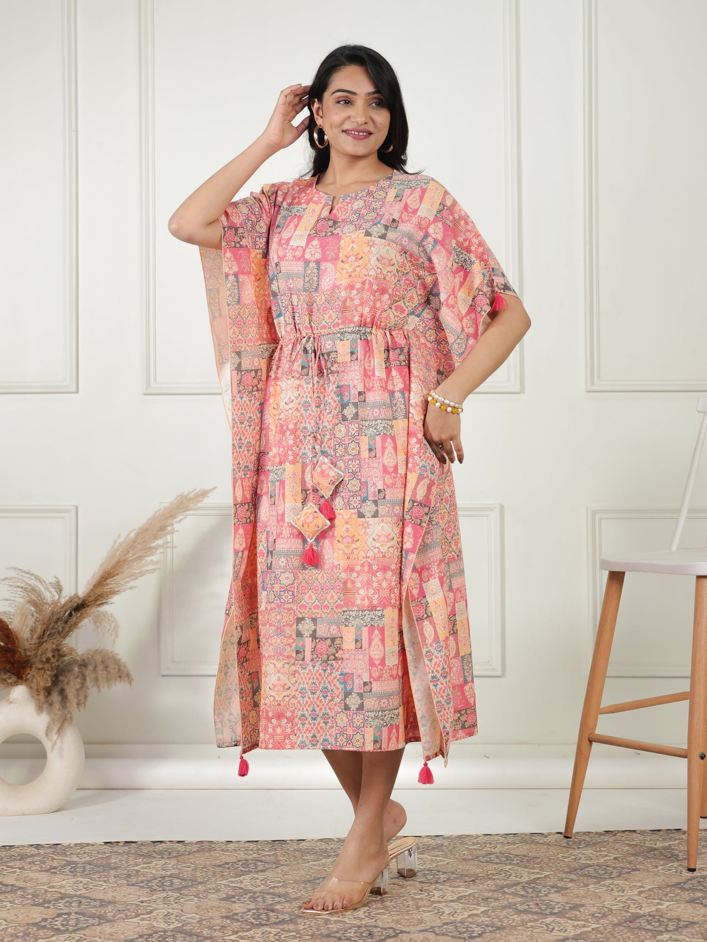 Blend Cotton Patchwork Kaftan Multicolor Dress