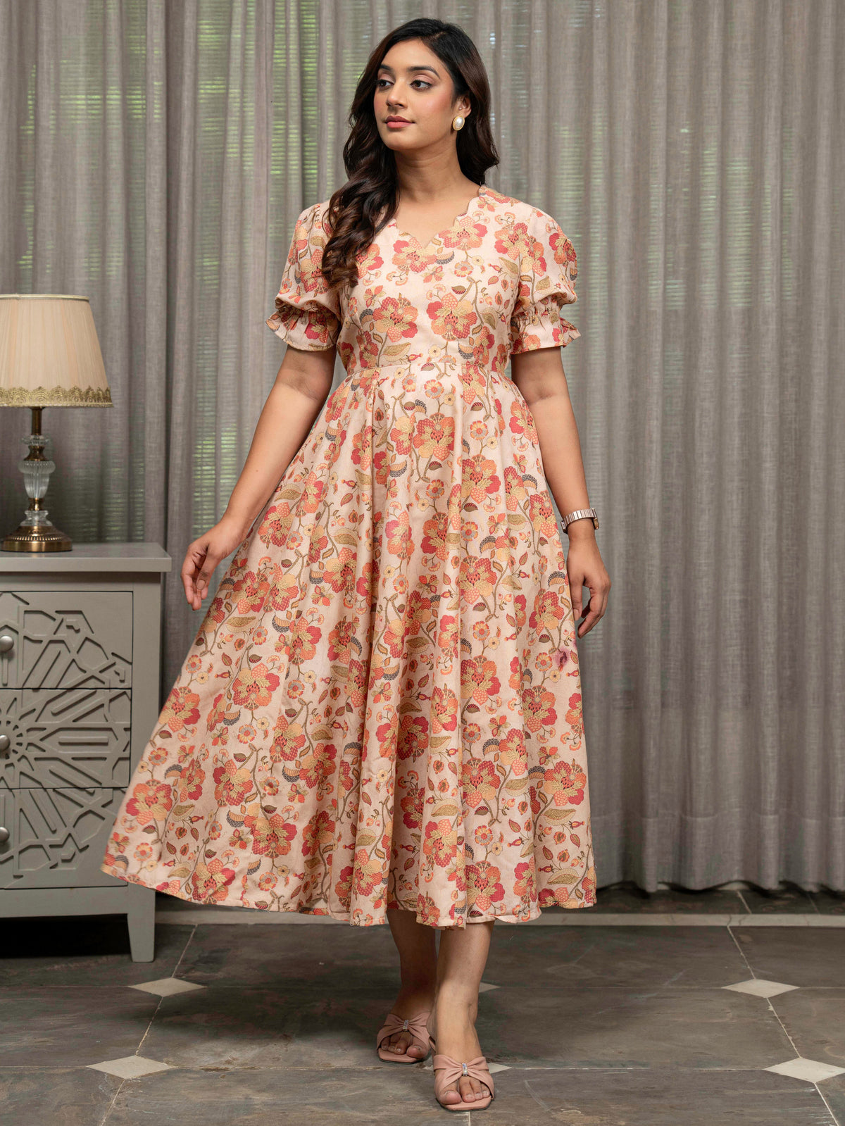 Blend Cotton Floral Flared Multicolor Dress