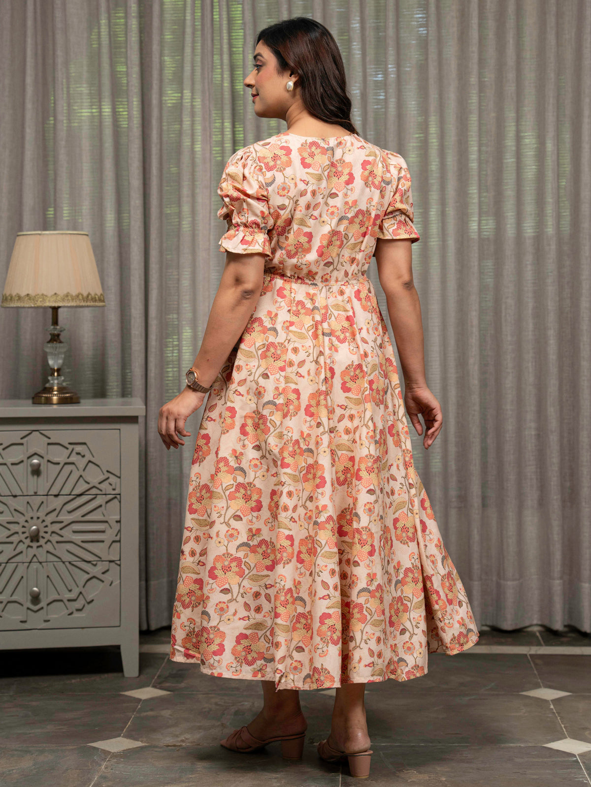 Blend Cotton Floral Flared Multicolor Dress
