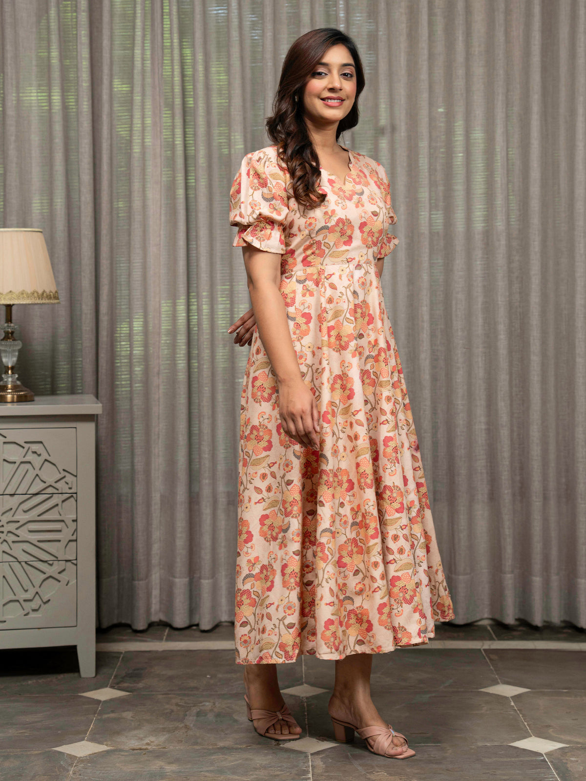Blend Cotton Floral Flared Multicolor Dress