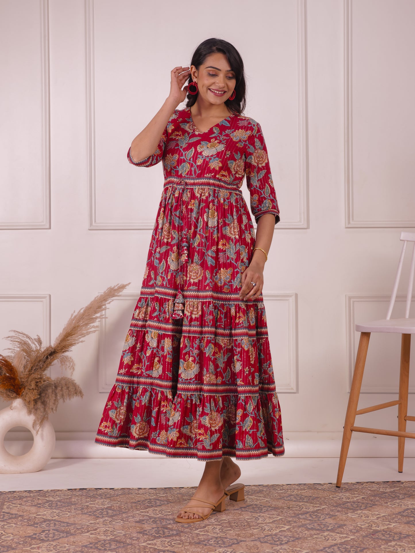 Lurex Cotton Floral Tiered Red Dress