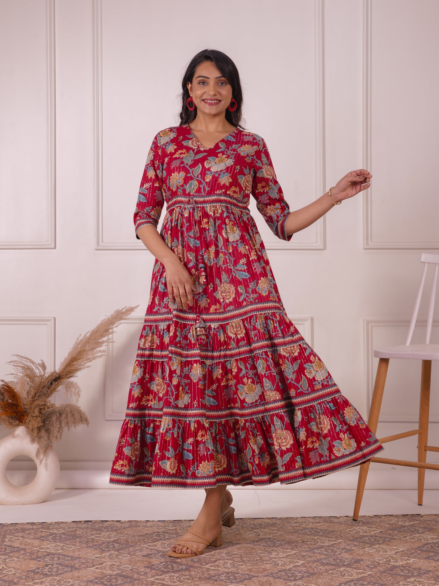 Lurex Cotton Floral Tiered Red Dress