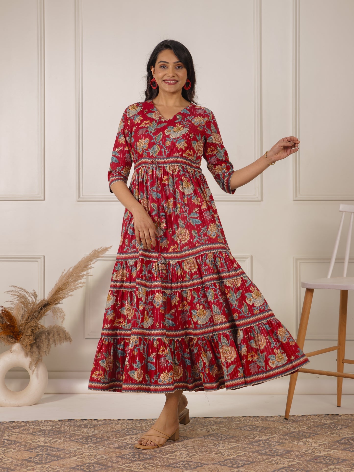 Embroidered Lurex Cotton Floral A-line Red Dress