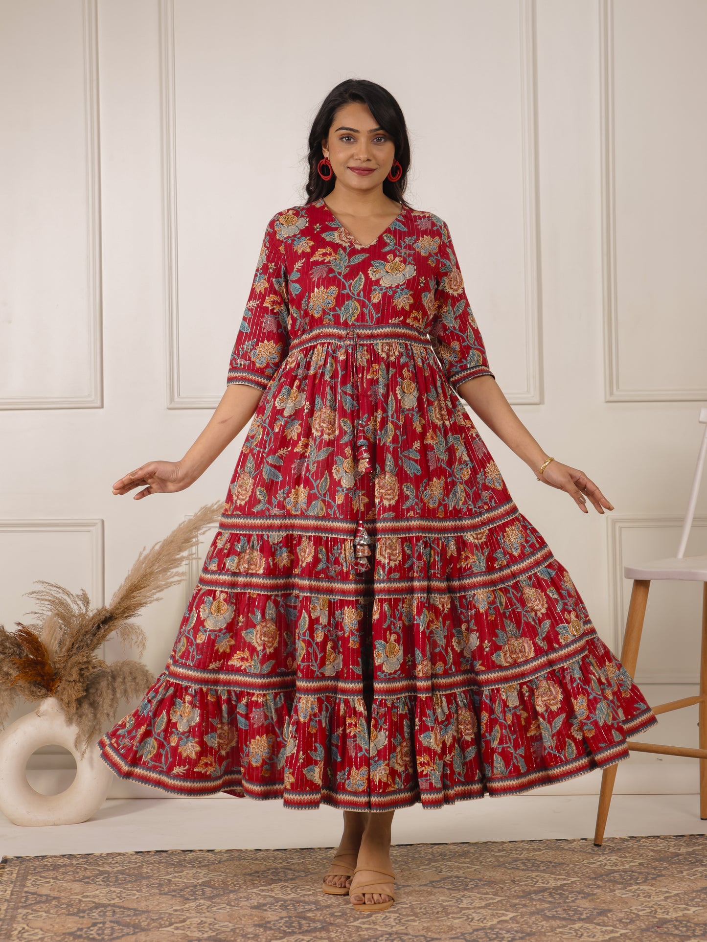 Embroidered Lurex Cotton Floral A-line Red Dress