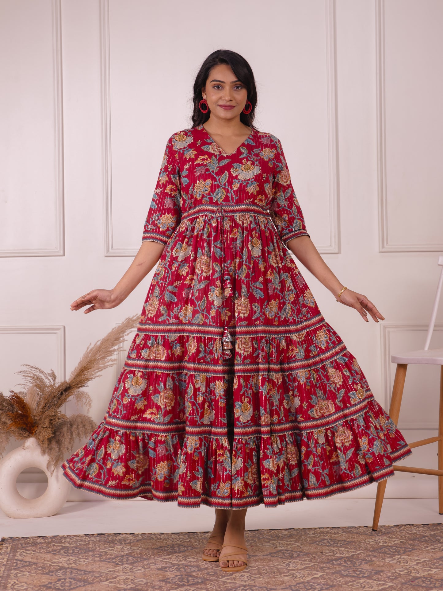 Lurex Cotton Floral Tiered Red Dress