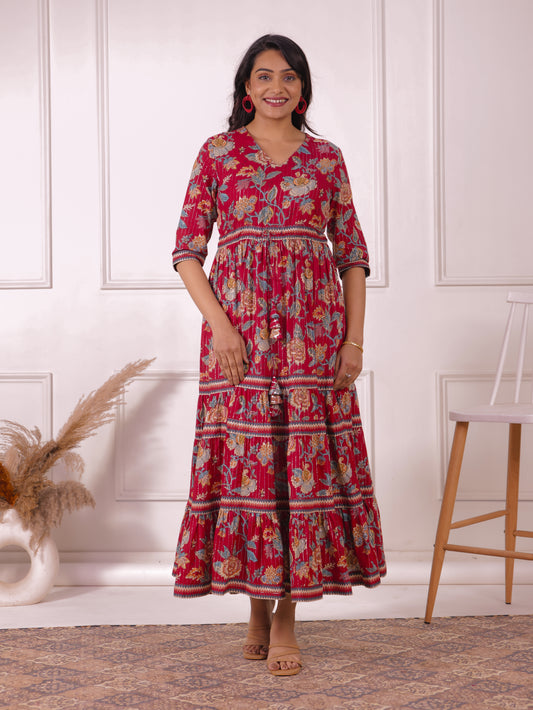 Lurex Cotton Floral Tiered Red Dress