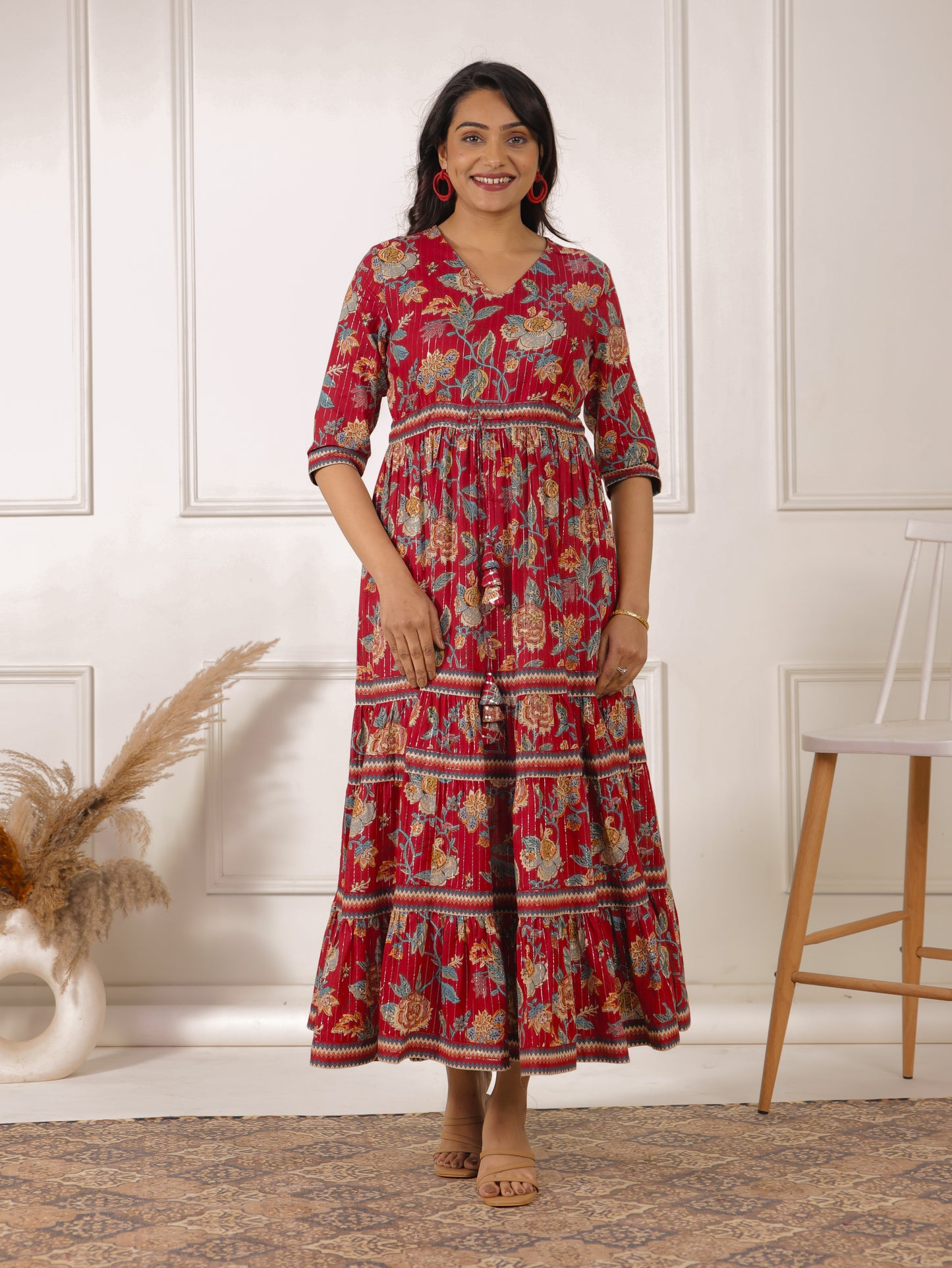 Embroidered Lurex Cotton Floral A-line Red Dress