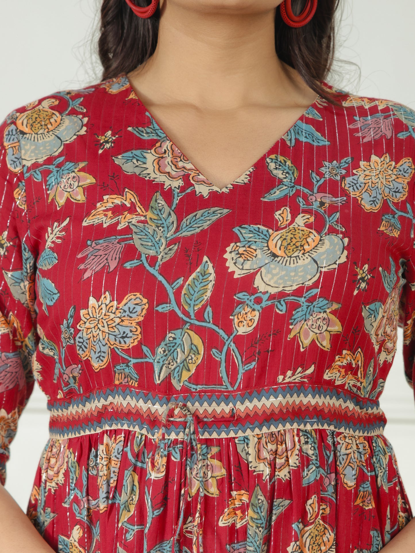 Lurex Cotton Floral Tiered Red Dress