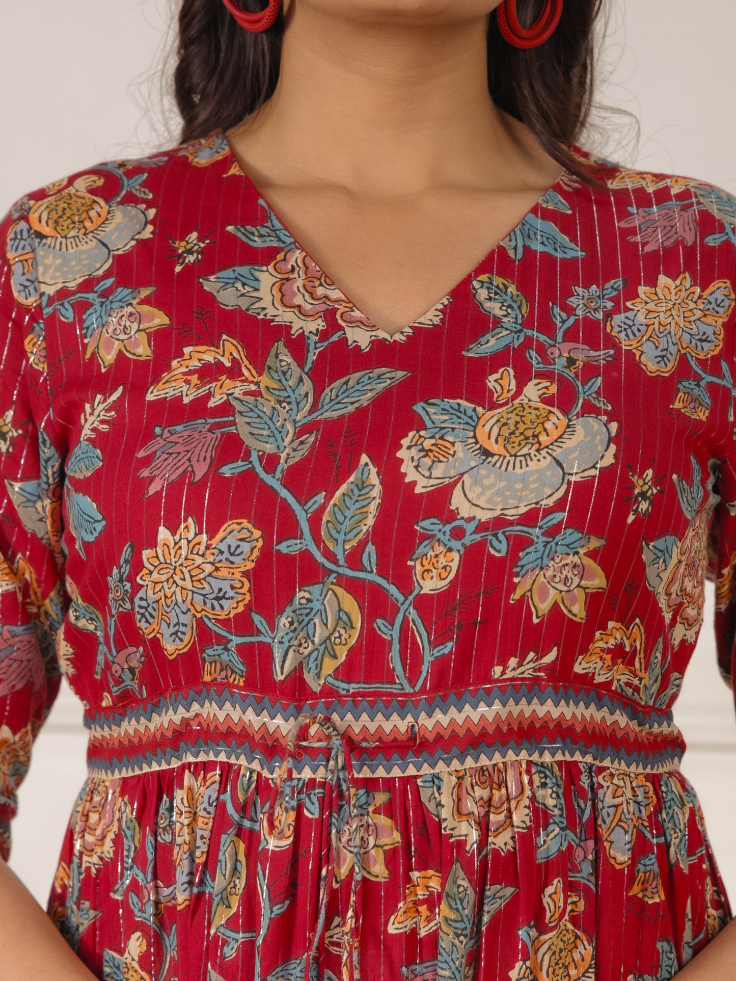Embroidered Lurex Cotton Floral A-line Red Dress