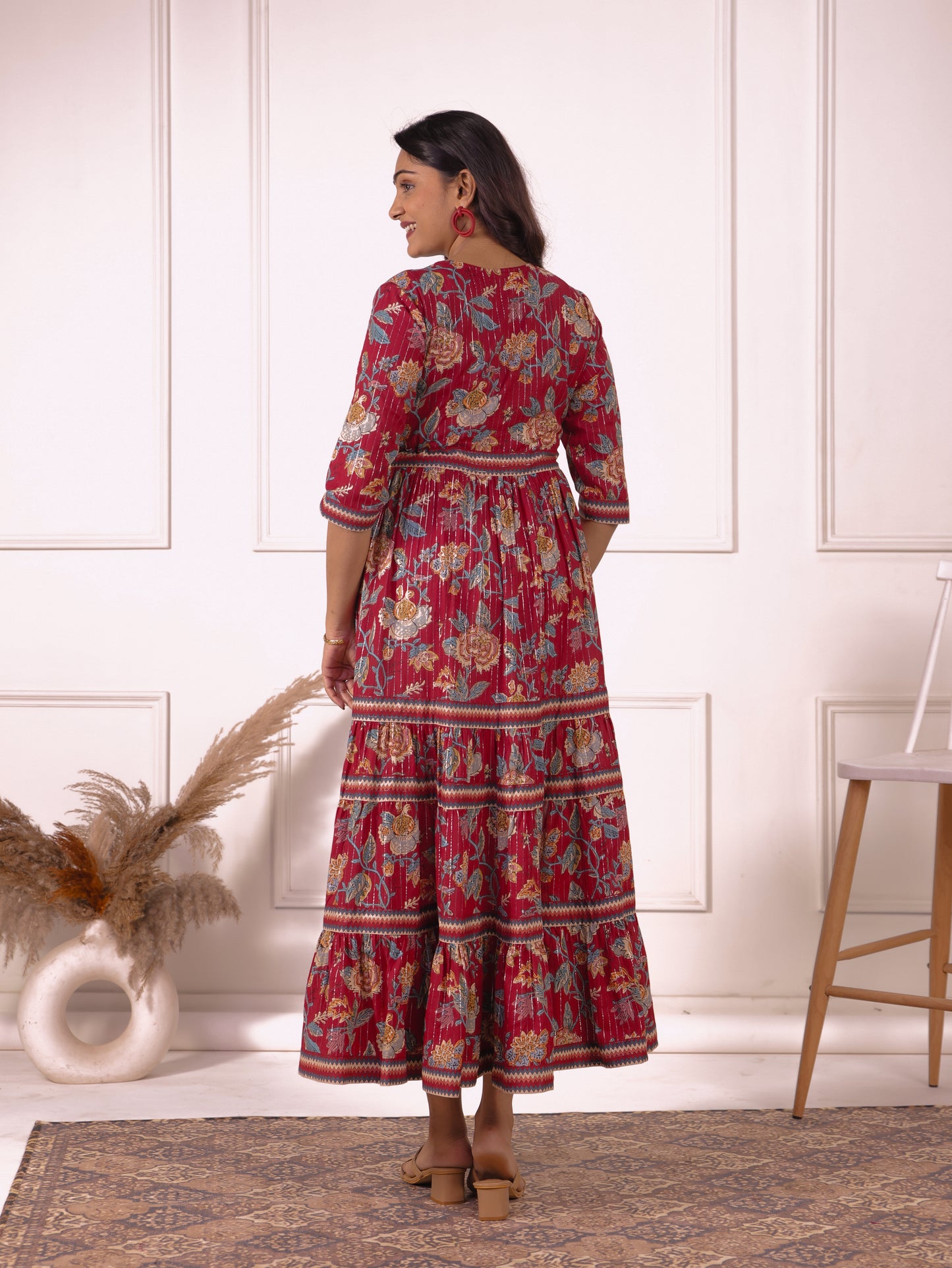 Lurex Cotton Floral Tiered Red Dress