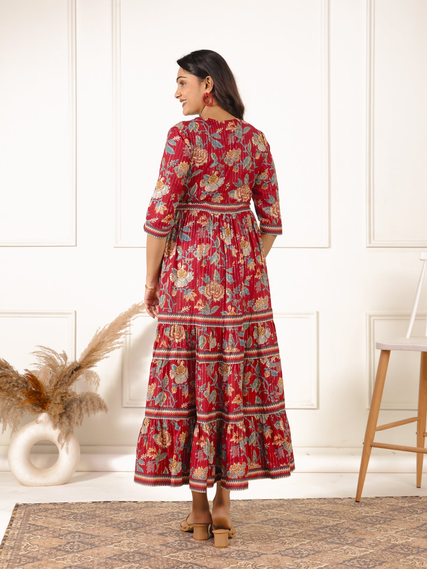 Embroidered Lurex Cotton Floral A-line Red Dress