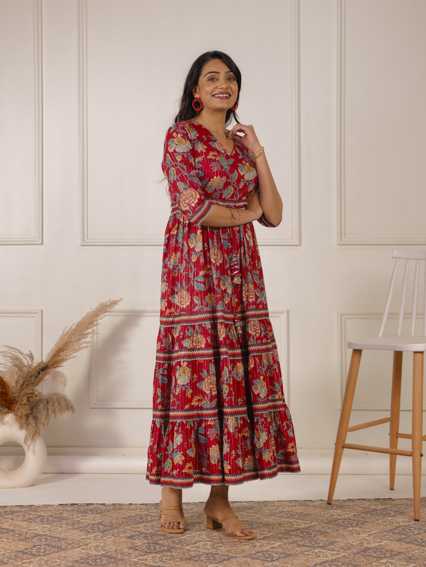 Embroidered Lurex Cotton Floral A-line Red Dress