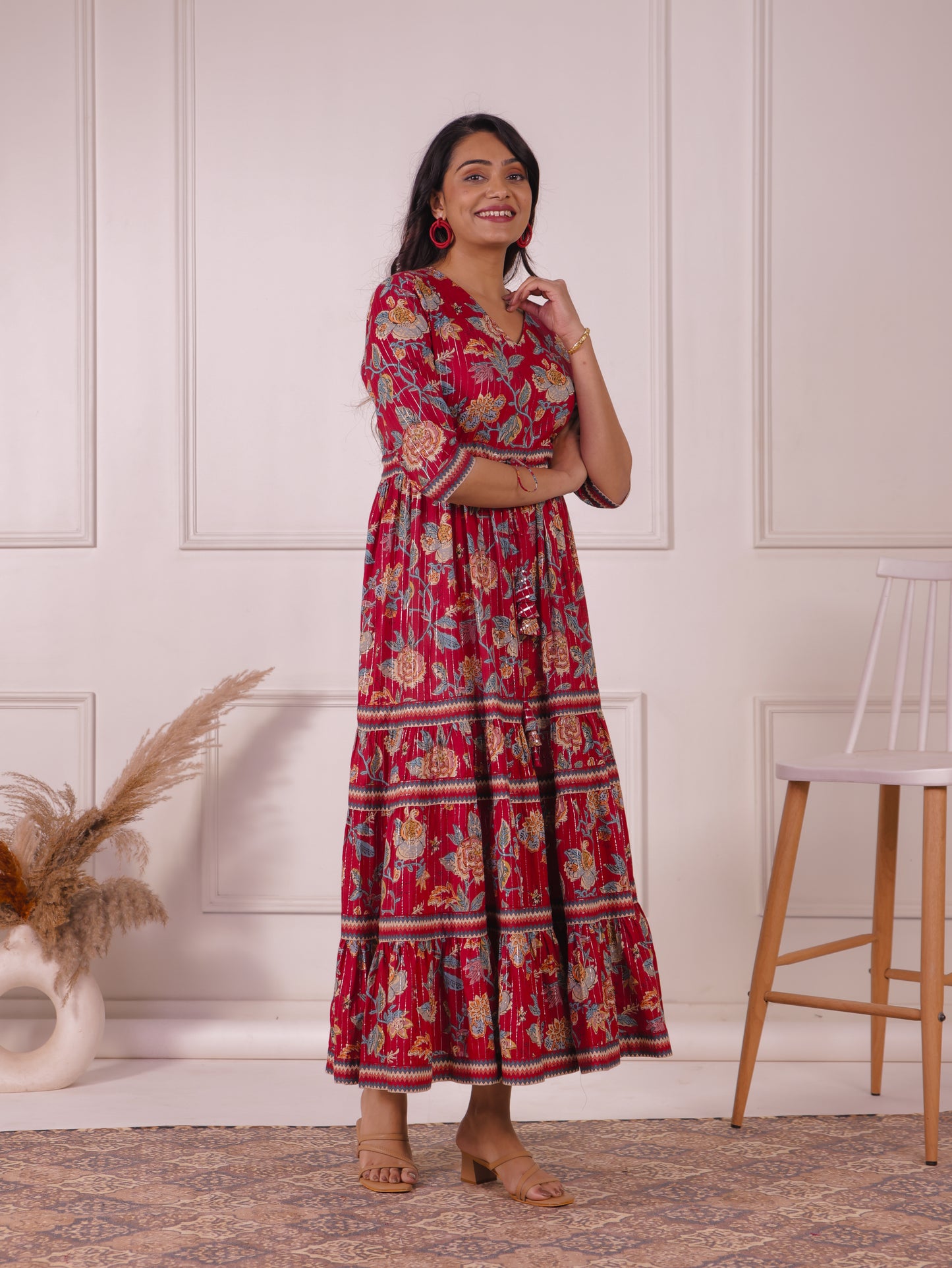 Lurex Cotton Floral Tiered Red Dress