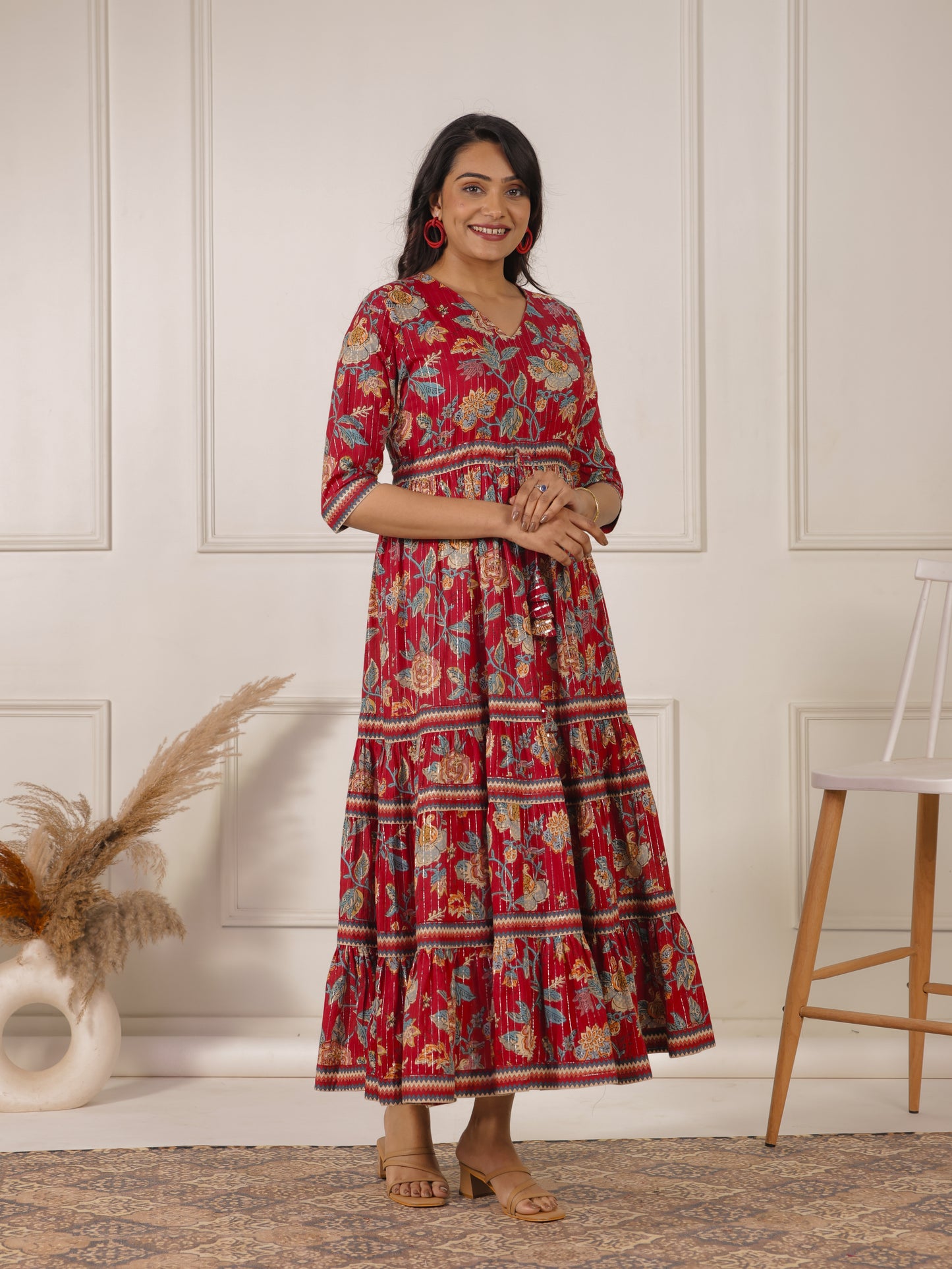 Embroidered Lurex Cotton Floral A-line Red Dress