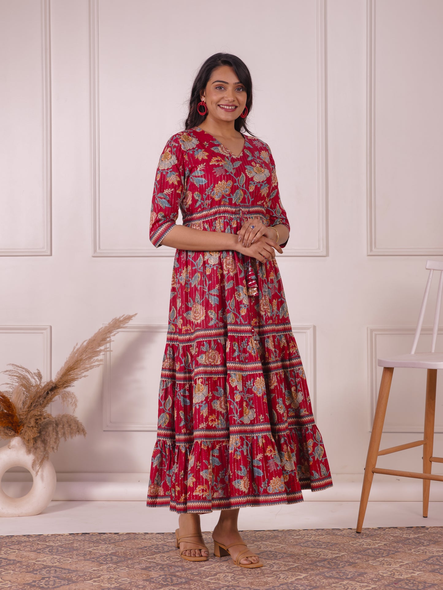 Lurex Cotton Floral Tiered Red Dress