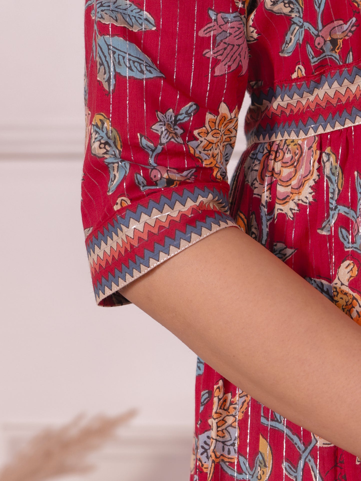 Lurex Cotton Floral Tiered Red Dress