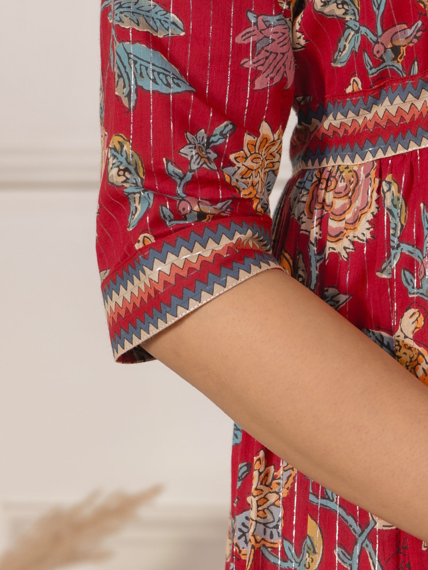 Embroidered Lurex Cotton Floral A-line Red Dress