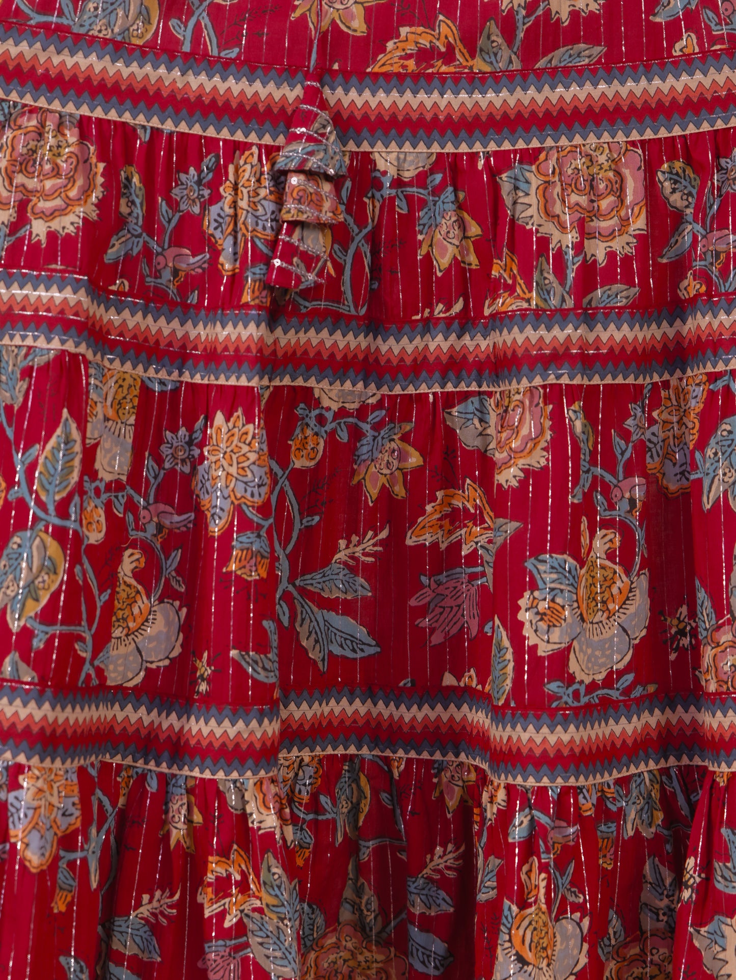 Lurex Cotton Floral Tiered Red Dress