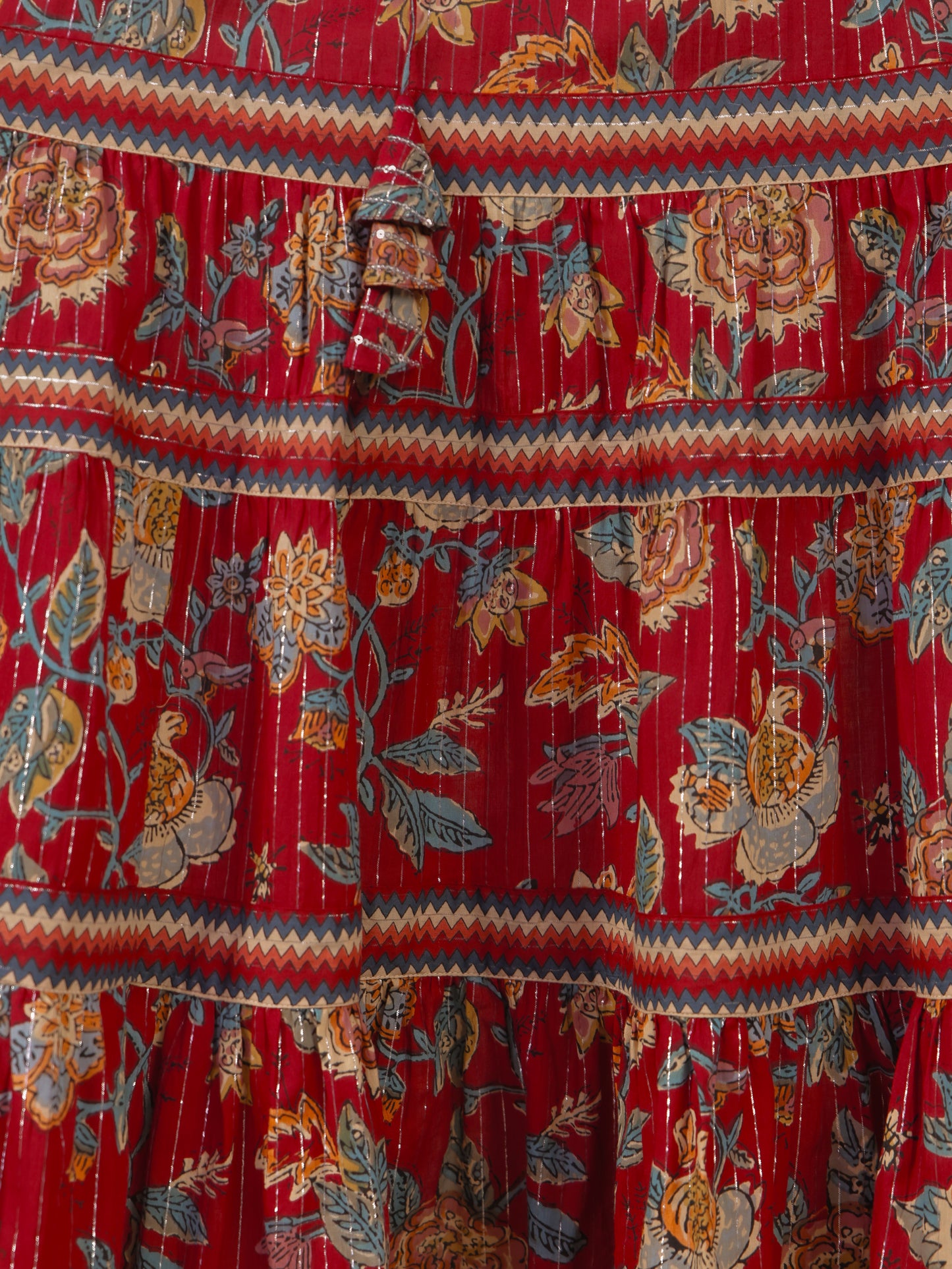 Embroidered Lurex Cotton Floral A-line Red Dress
