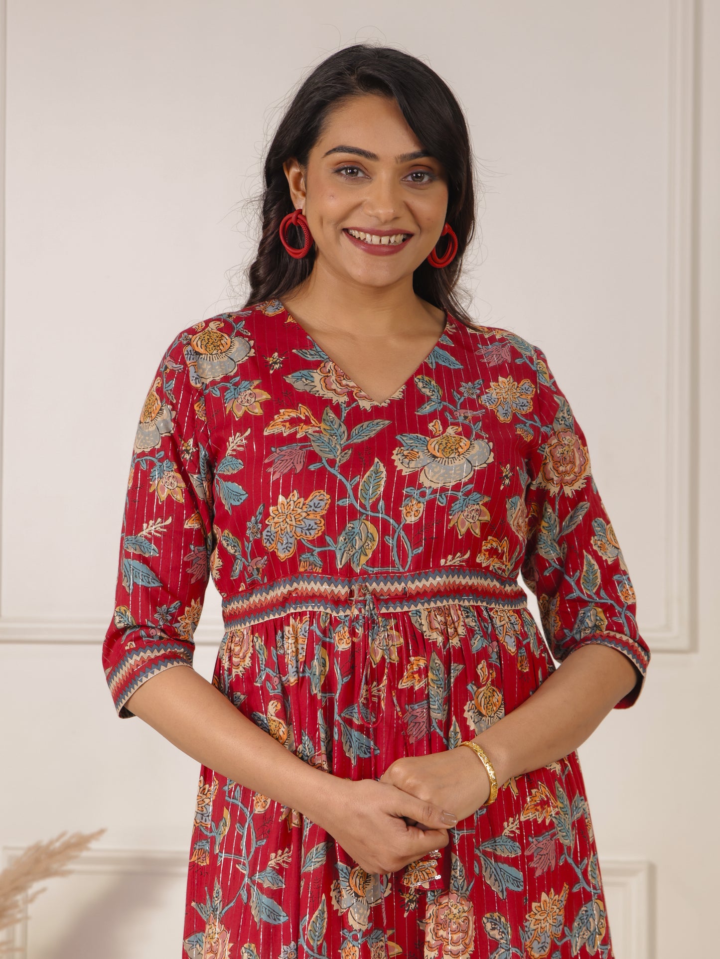 Embroidered Lurex Cotton Floral A-line Red Dress