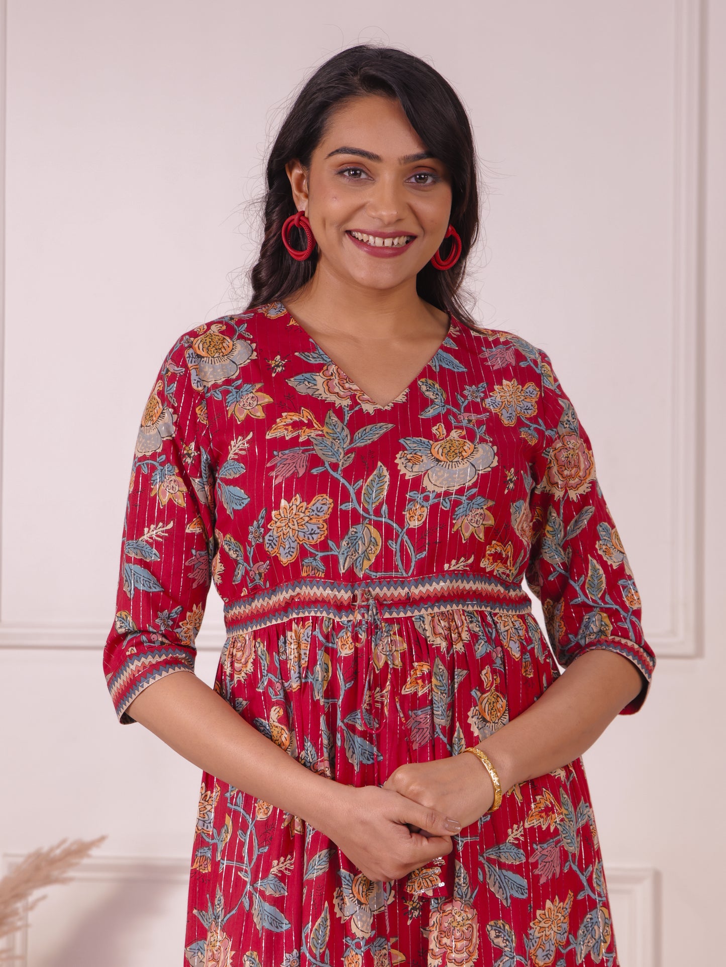 Lurex Cotton Floral Tiered Red Dress