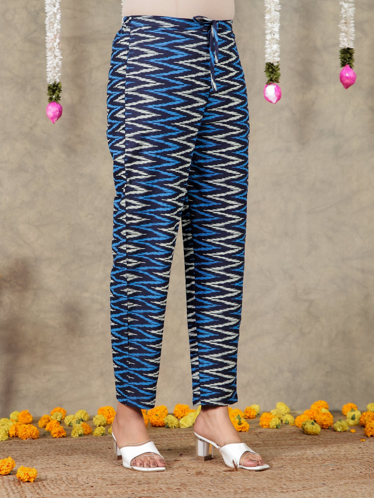 Linen Cotton Chevron Navy Blue Tapered Trousers