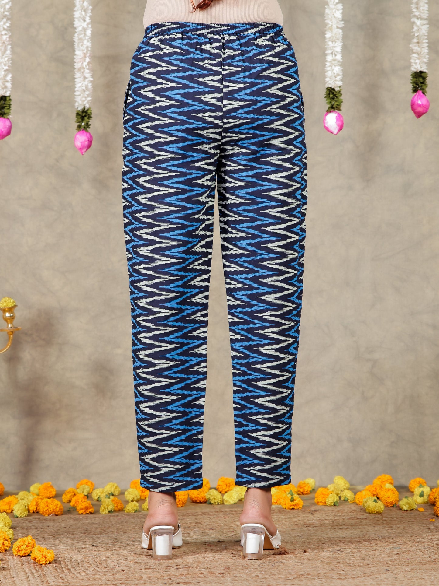 Linen Cotton Chevron Navy Blue Tapered Trousers