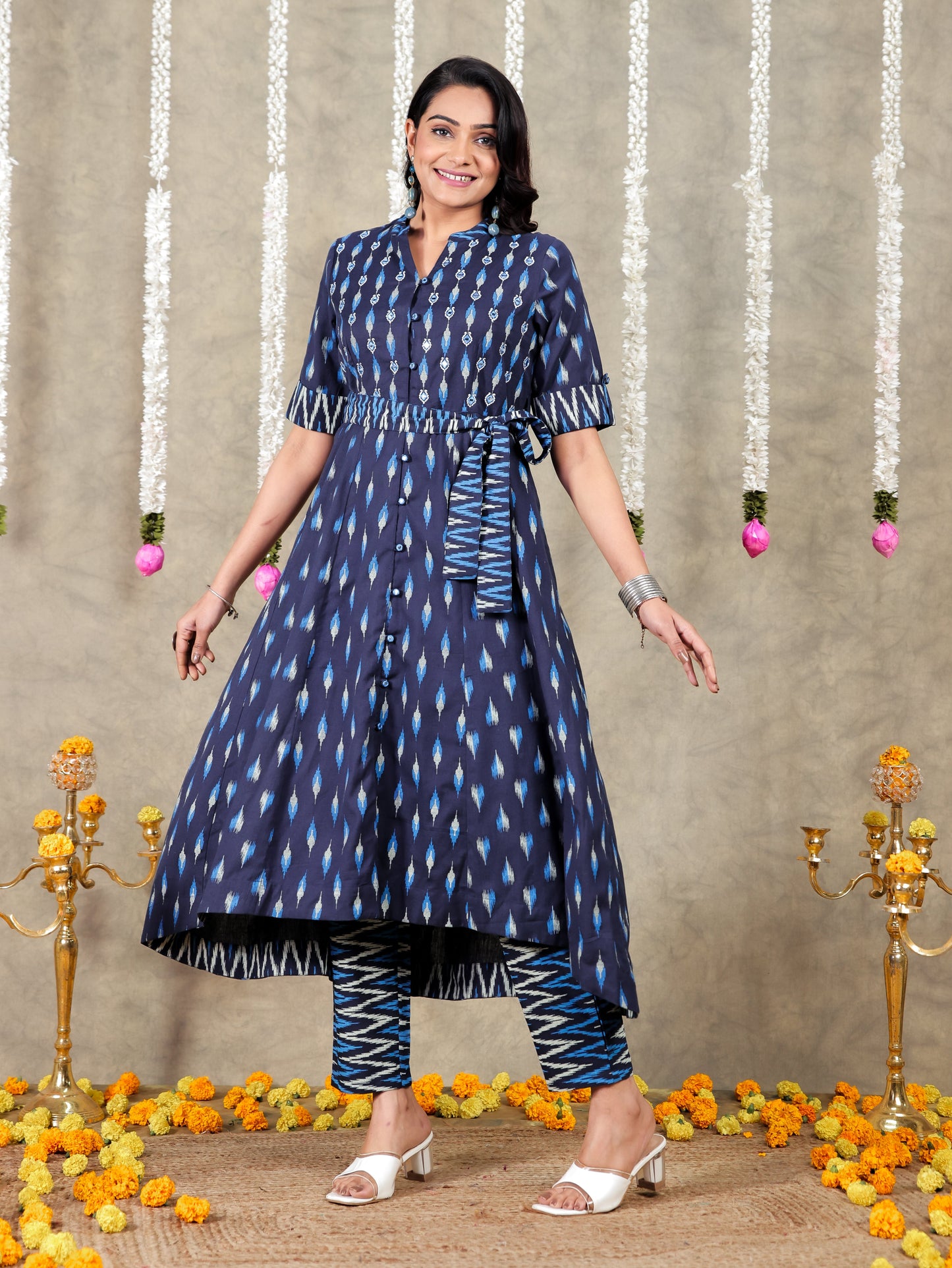 Embroidered Linen Cotton Ikat High Low Navy Blue Kurta