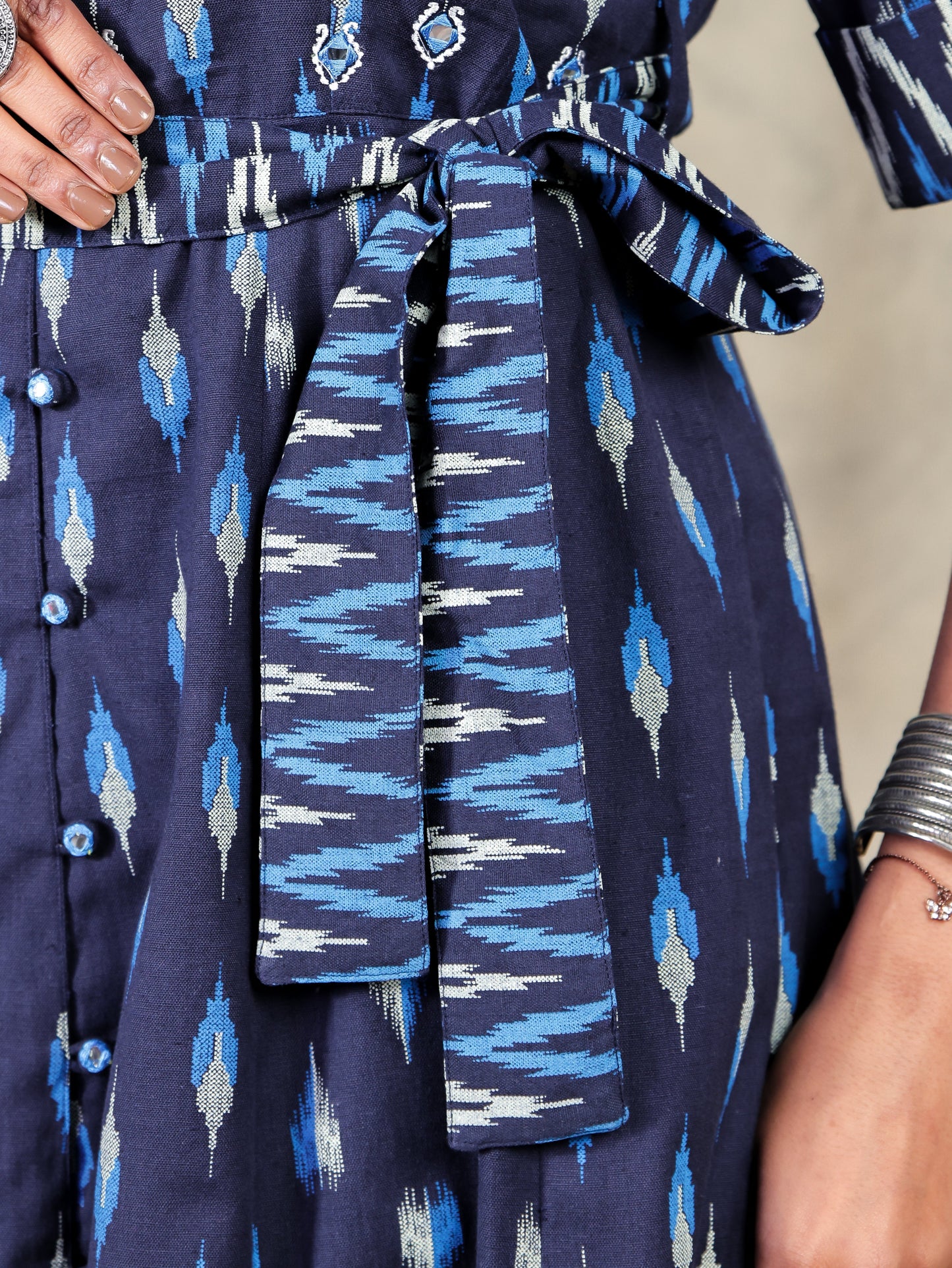 Embroidered Linen Cotton Ikat High Low Navy Blue Kurta